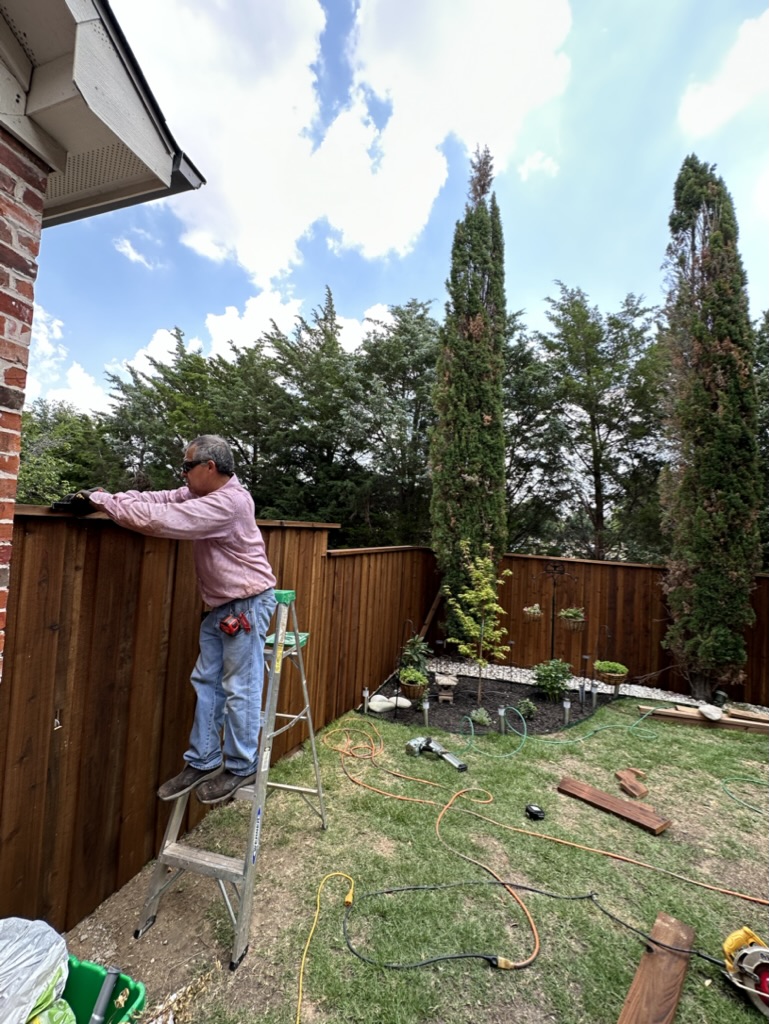 Trake craftsman staining a freshly built cedar privacy fence