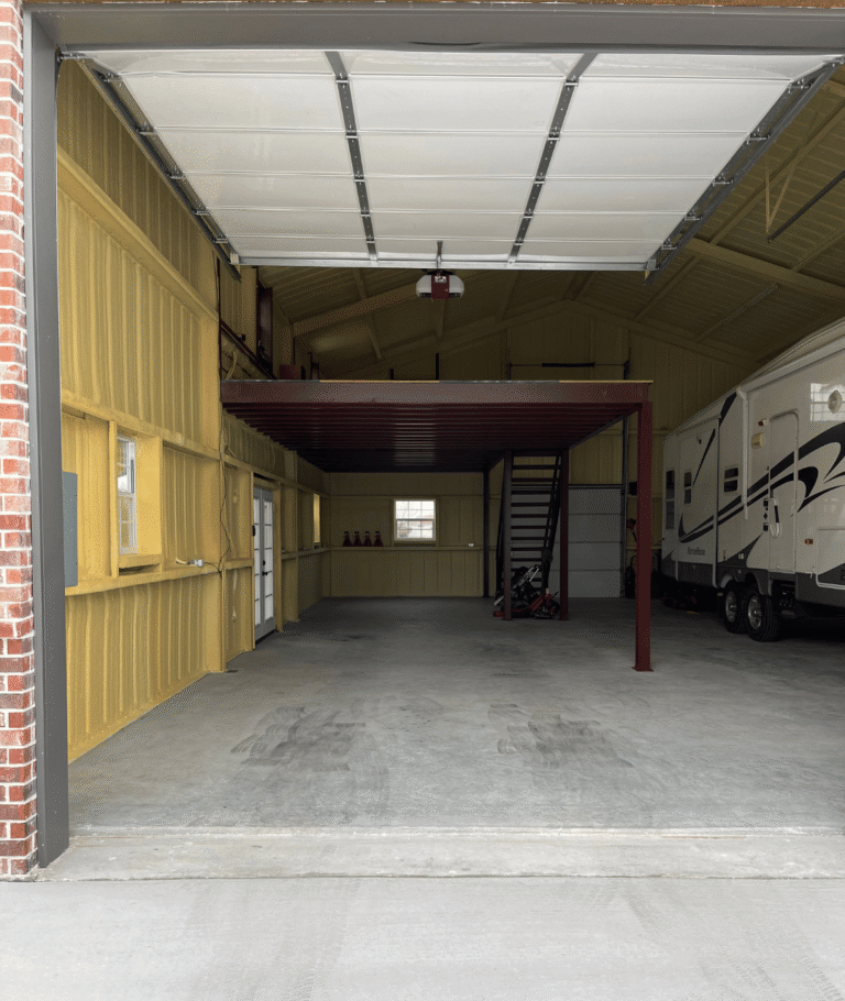 Large finished metal building man cave with mezzanine loft in Rockwall, TX