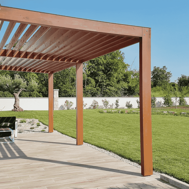 Cedar pergola with louvered roof installed over a residential patio in North Texas