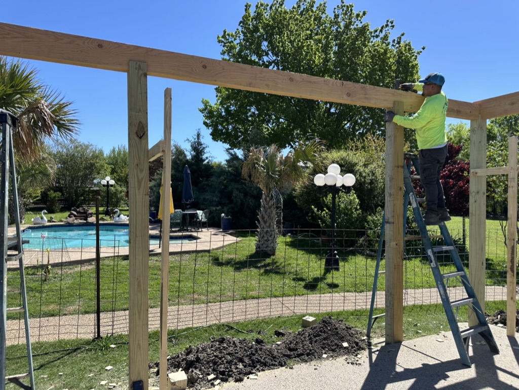 Custom poolside pergola frame construction by Trake