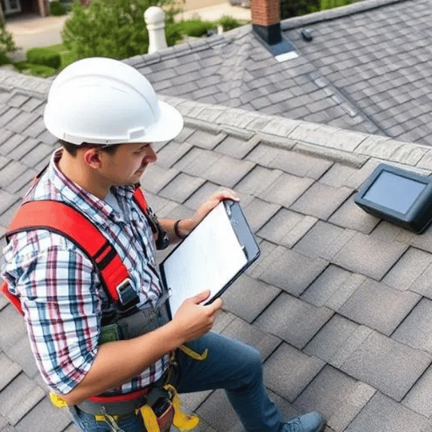 Trake roofing inspector evaluating roof and AC condition on a Rockwall home