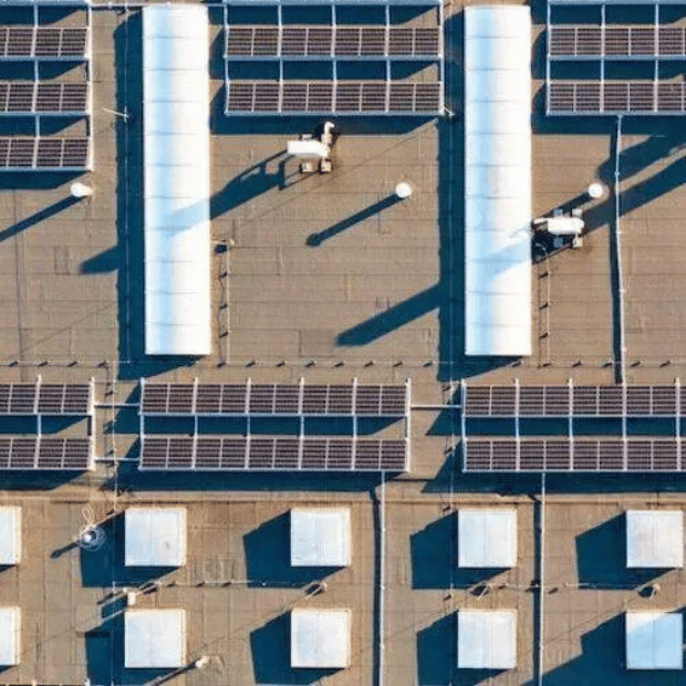 Aerial view of a large commercial flat roof with skylights and rooftop equipment