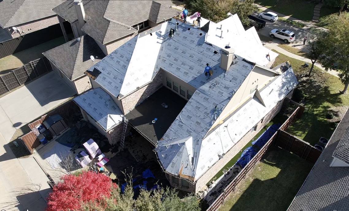 Aerial view of a Rockwall home with synthetic underlayment installed by Trake Construction